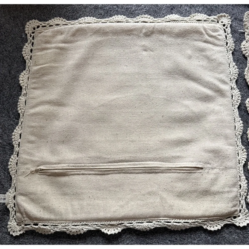 VTG Embroidered & Crocheted Olive Branch Pillow Cover Set Cream 16.5